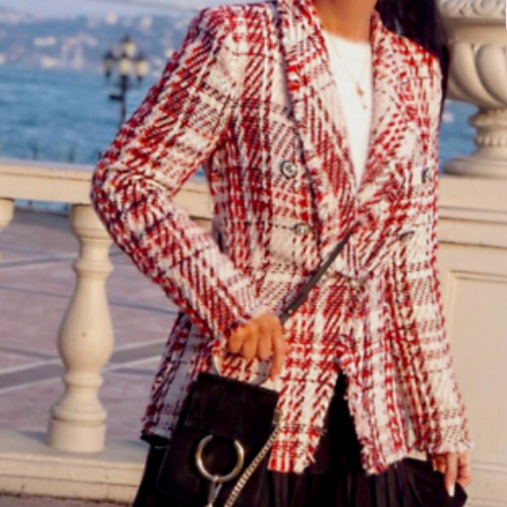 ZARA NEW WOMAN TWEED JACKET WITH GEM BUTTON BLAZER ECRU/RED TARTAN Size us.small